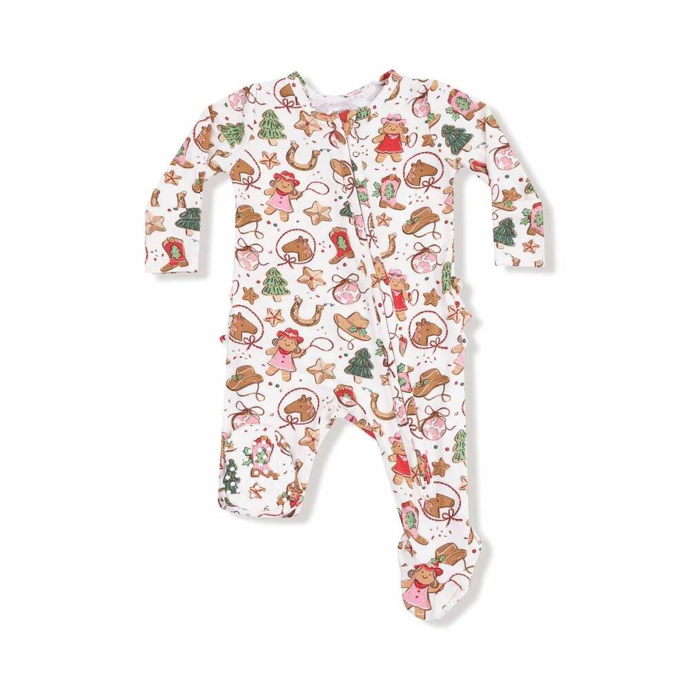NEW ANGEL DEAR girls' two way ruffle back zipper footies in cowgirl christmas co